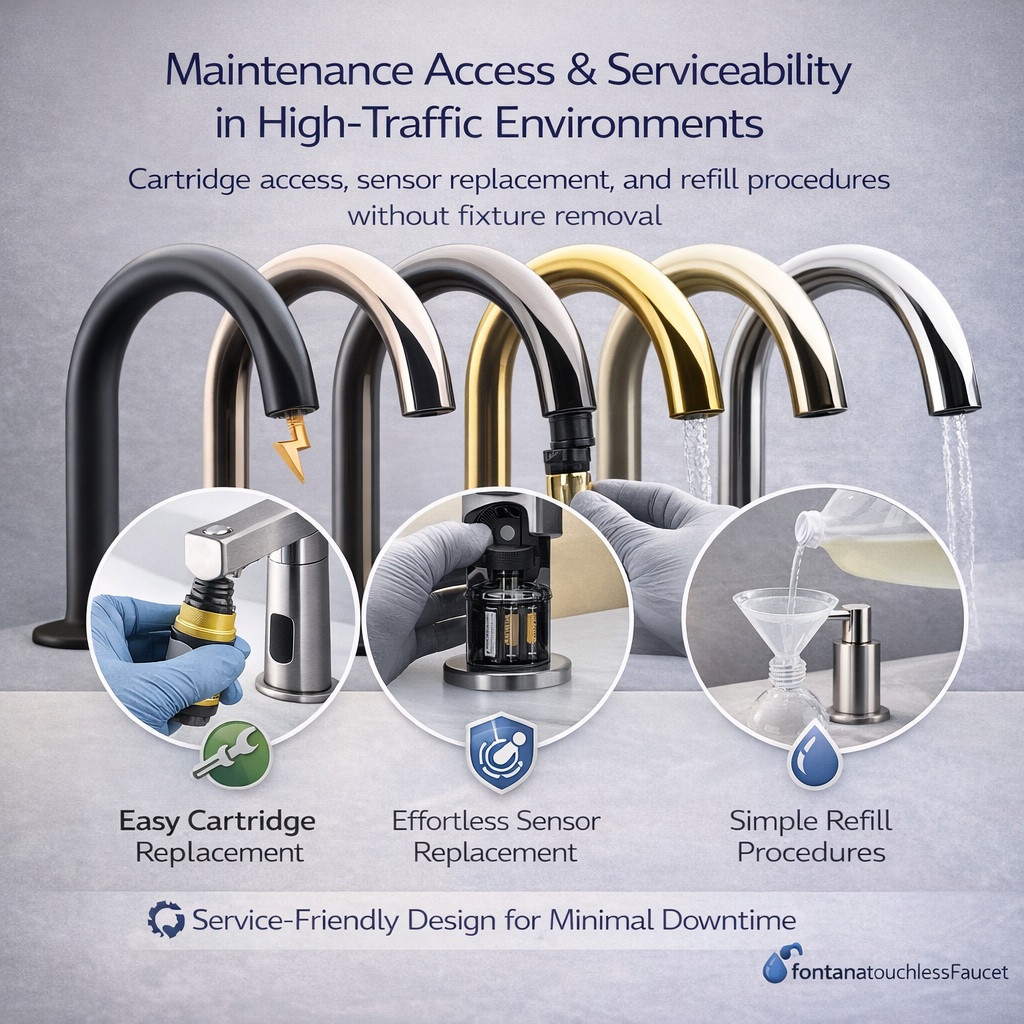 Commercial restroom with Fontana touchless faucets in matte black and brushed gold finishes